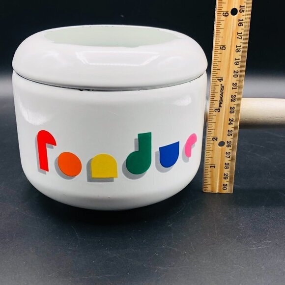 80s White Enamel Fondue Pot Gray Wooden Handle Rainbow Arcade Video Game Font - Picture 11 of 11